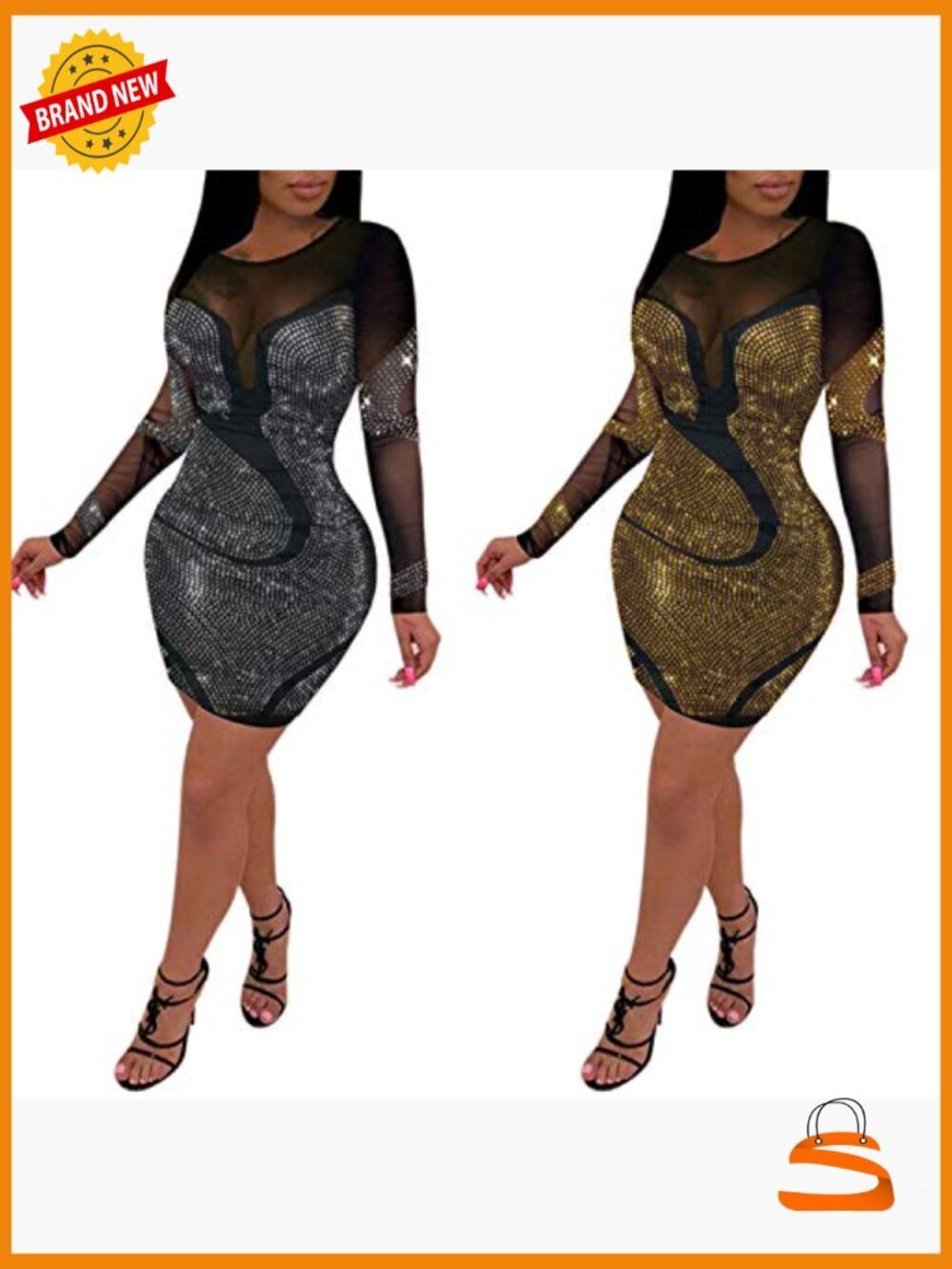 Sexy Rhinestone Mesh Bodycon Mini Dress for Party Night Out - Picture 4 of 6